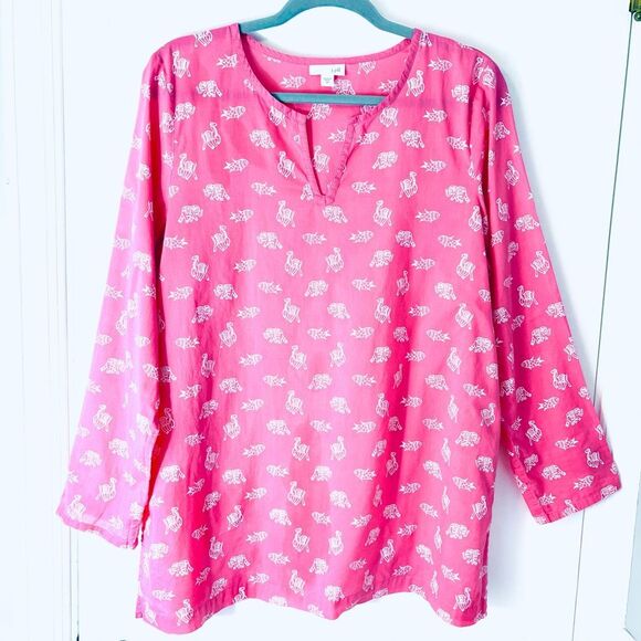 J.Jill lightweight pink & white elephant fish camel fun print notch neck tunic - Picture 1 of 11